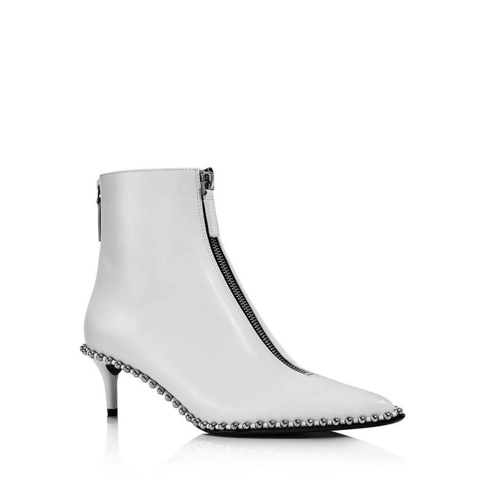 Alexander Wang White Leather Zipper Studded Kitten Heels Boots SZ 37